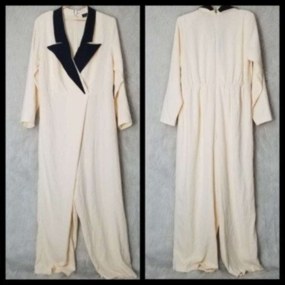 NWT Eloquii Cream Draped Front Tuxedo Style Cropped Long Sleeve Jumpsuit Size 14